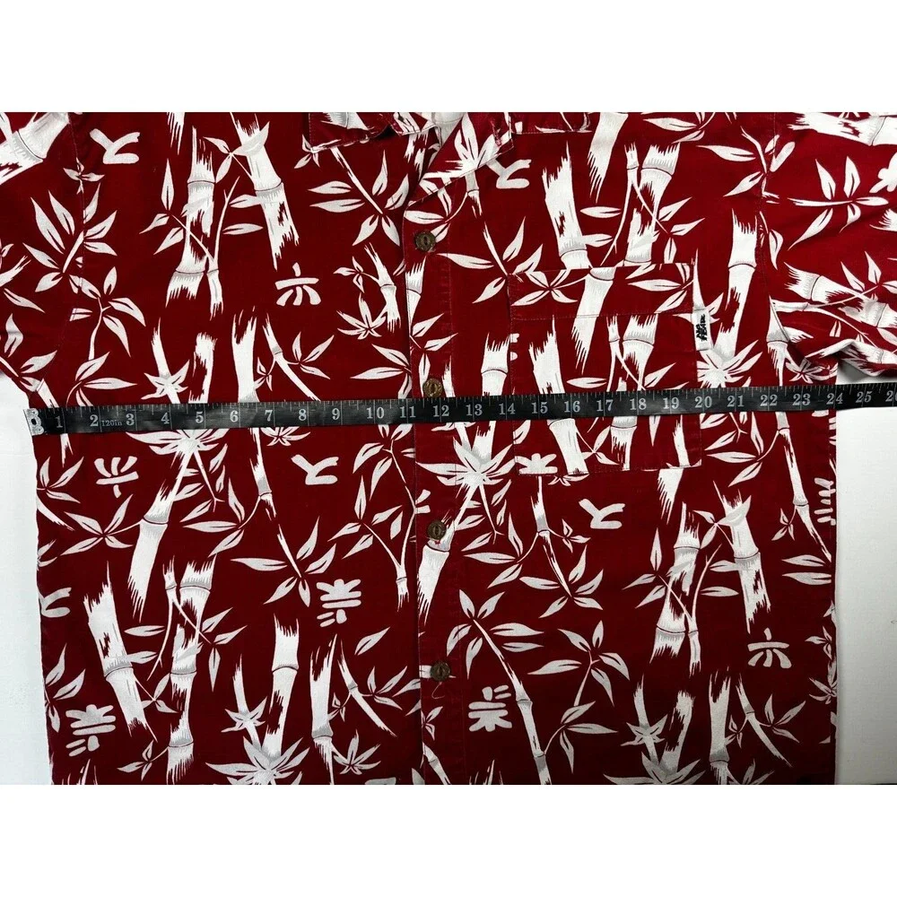 Vintage No Fear Mens Large Red White Bamboo Print Button Up Surf Aloha Skate Y2K
